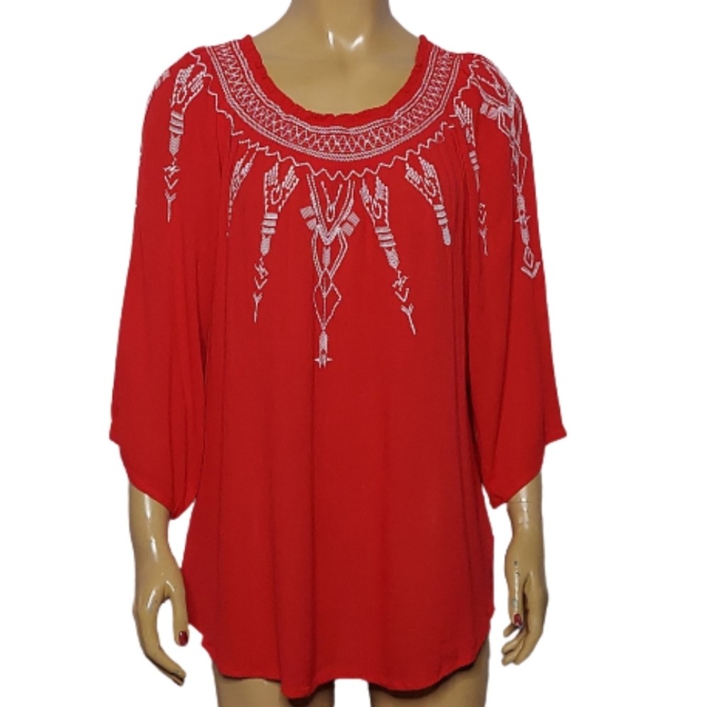 Terre Bleue Boho 3/4 Sleeve Embroidered Blouse